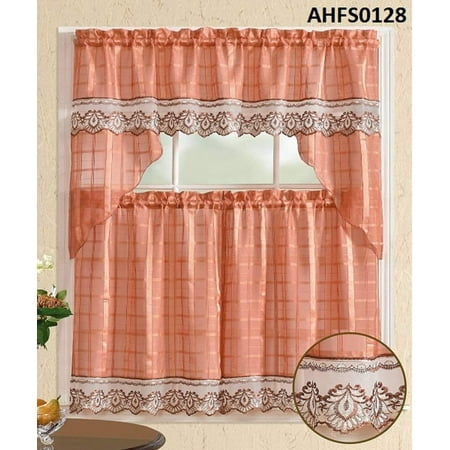 3 Piece Kitchen Curtain Set Peach/Orange Color Flower ...