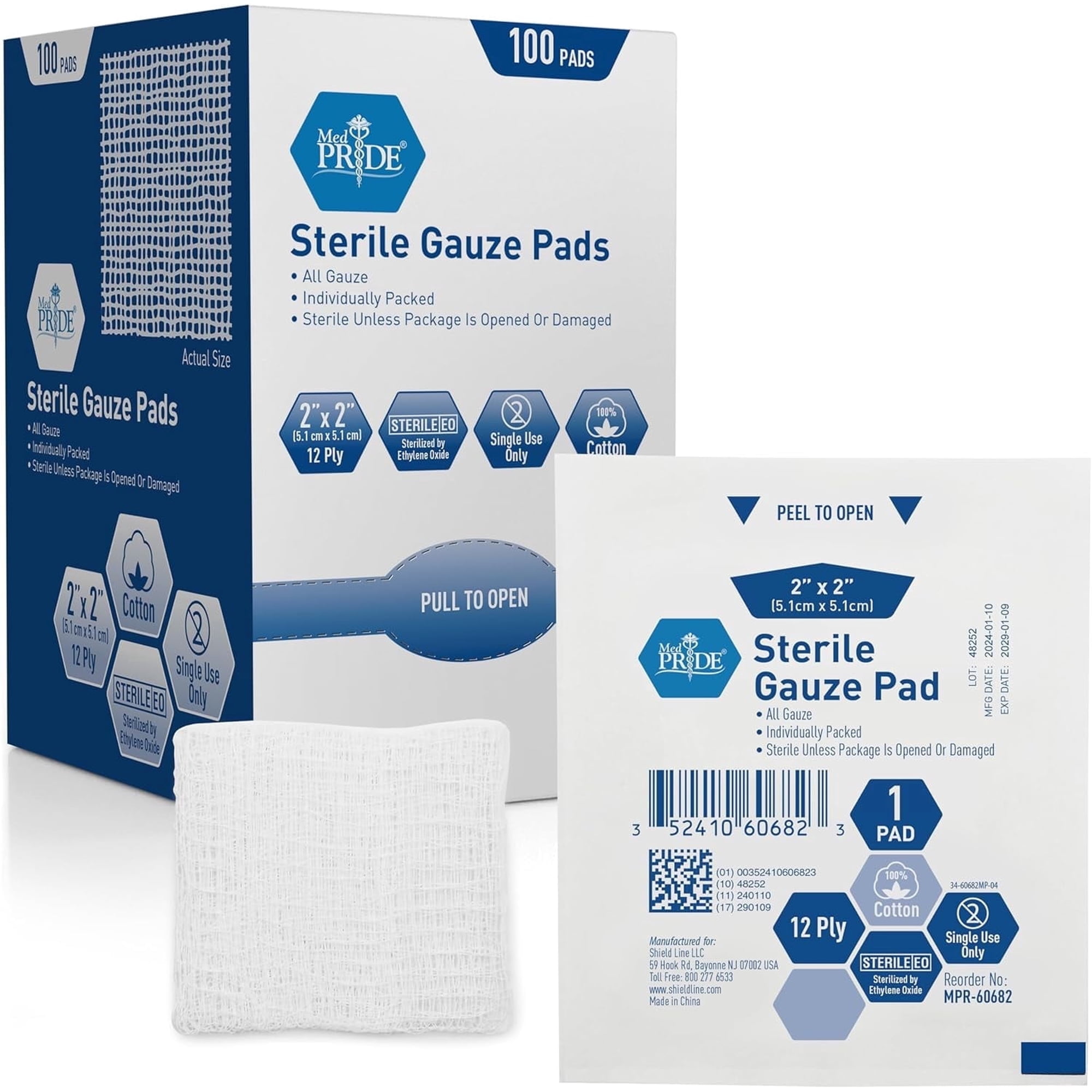 Med Pride Sterile Gauze Pads, 2" x 2", 100 Count, 12-Ply Non-Stick Cotton Wound Dressing for First Aid & Medical Care