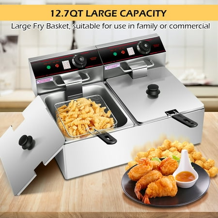 Costway - 3400w Electric Countertop Deep Fryer Dual Tank Commercial Restaurant Steel - Silver