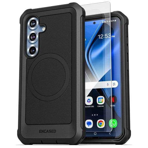 Encased Heavy Duty Case for Samsung Galaxy S25 with Tempered Glass Screen Protector (Compatible with MagSafe Qi2) Full Body Protective Phone Case (Black)
