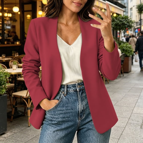 gbyLJF Women's Collarless Open Front Blazers Lightweight Casual Long Sleeve Suit Jacket Solid Color Business Office Cropped Cardigan