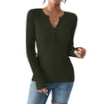 thumbnail image 3 of Women'S Long Sleeve Henley Tops Ribbed Knit Slim Fitted Trendy T Shirt Basic Tees Layer Fashion Outfits Green XL, 3 of 8