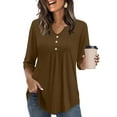 thumbnail image 2 of Lenpel Women's Tunic Tops 3/4 Length Sleeve Notched V Neck Pleated Front Curved Hem Flowy T Shirts Casual Loose Tee Blouses(Brown,X-Large), 2 of 4