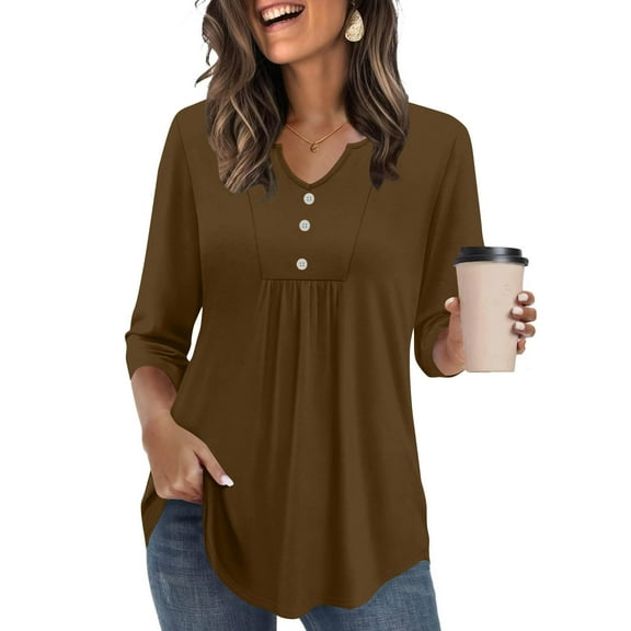 3/4 Sleeve Tops for Women V Neck Peplum Shirts Ladies Tunics and Blouses Dressy Casual Spring Fashion Clothing Brown XXL