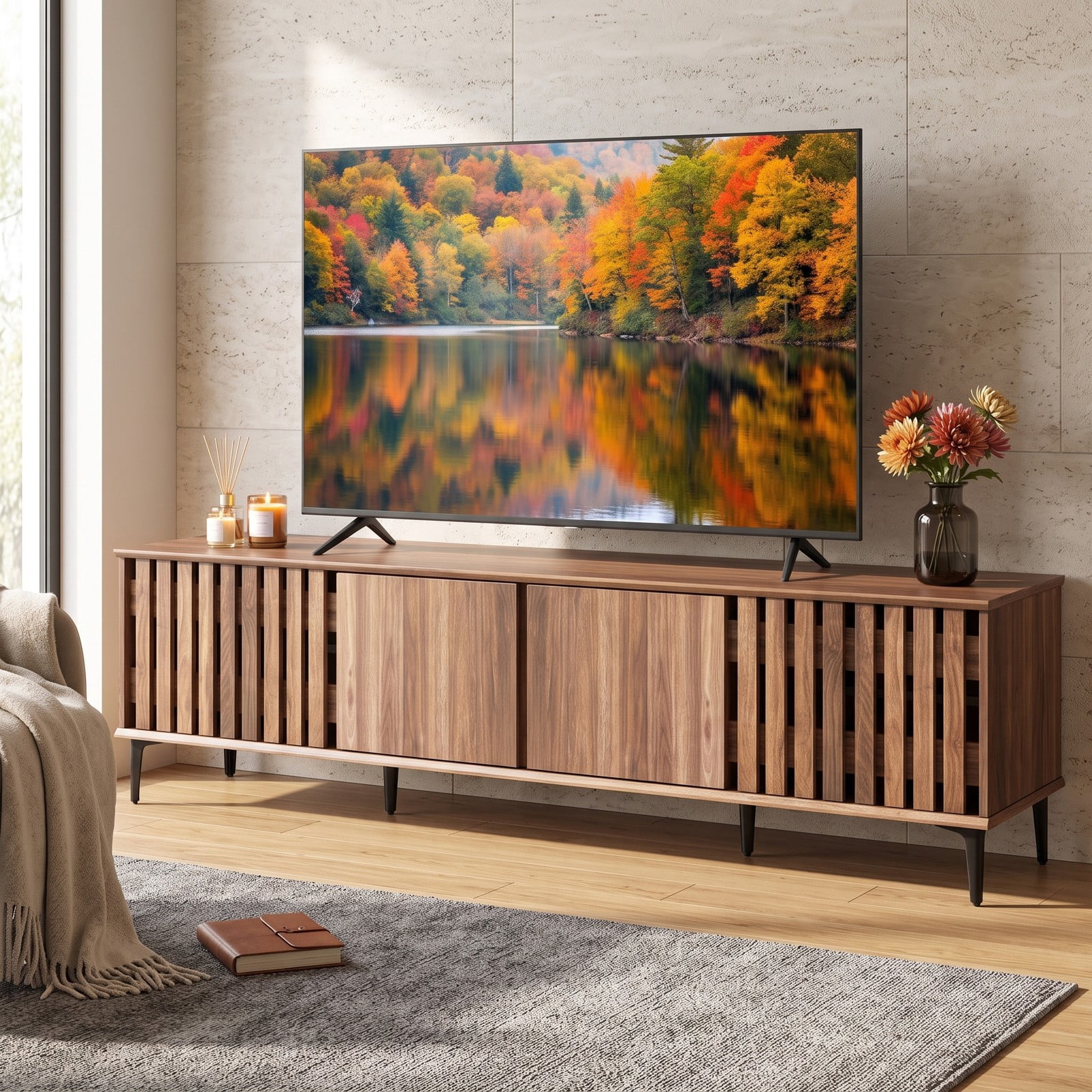 Furnibear Mid Century Modern Entertainment Center, 71 Inch TV Stand for TVs up to 80 Inch, Media Console with 4 Storage Cabinets and Slatted Doors, Wood TV, Walnut