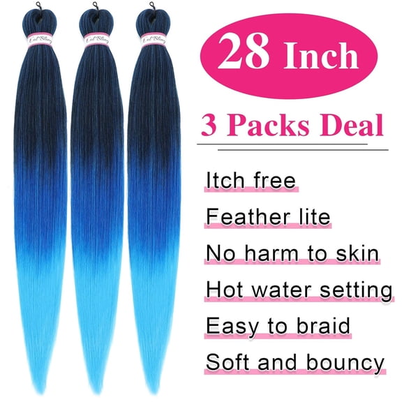 WEIF-Col bling Braiding Hair Pre Stretched 28 Inch 3 Packs Ombre Blue Long Braid Hair Extensions for Women Box Braids Hair Pre-Stretched Yaki Texture Professional Synthetic Knotless 28 Inch
