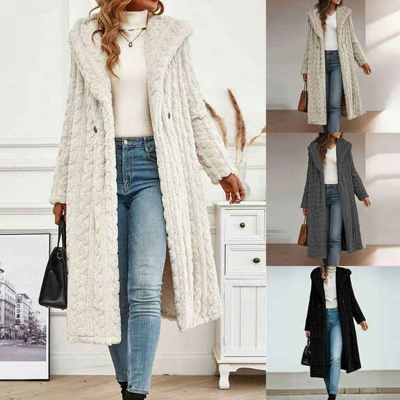 Fuzzy Long Coat for Womens Warm Long Sleeve V Neck Button down Casual Jacket Hooded Cardigan Fall Winter Outerwear with Pockets