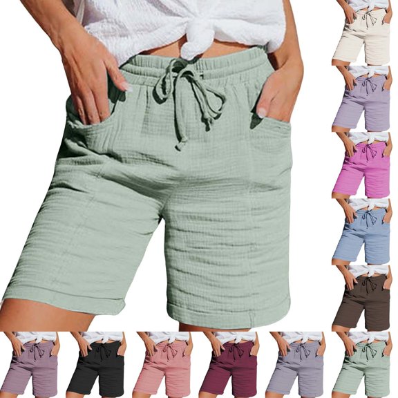 Cotton Linen Shorts for Women JIANLAI Cotton Linen Knee Length High Waisted Baggy Shorts with Pockets Summer Casual Lounge Outfits 3XL-5XL Beige