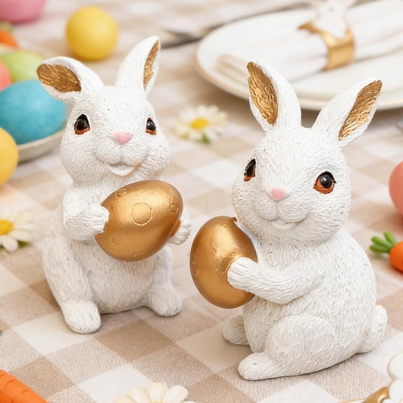 QuanTara Golden Egg and Bunny Resin Ornament Set, 4.33in Luxury Easter Decor, Champagne Gold Electroplated Handicraft for Home Tabletop & Mantel