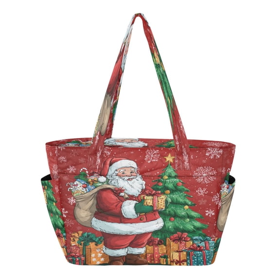 Quilted Tote Bag Large Capacity Multi-Compartment Handbag Lightweight Structured Shoulder Bag Versatile Casual Bag Santa Claus and His Presents