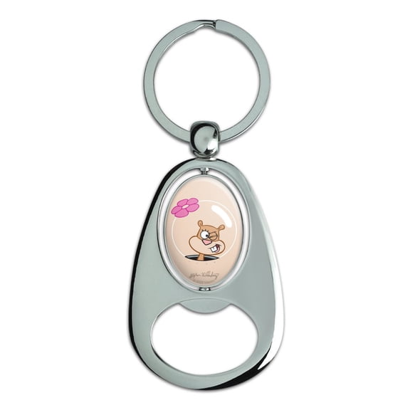 Spongebob Sandy Wink Face Keychain Chrome Metal Spinning Oval Bottle Opener