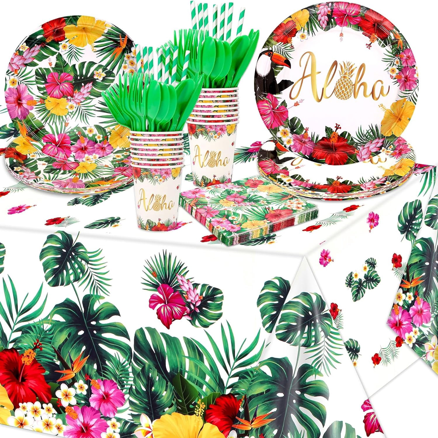 133PCS Hawaiian Luau Party Supplies Tropical Dinnerware Set Serves 16, Aloha Plates Napkins Cups Tablecloth Knives Forks Spoons for Birthday Luau Party Decorations
