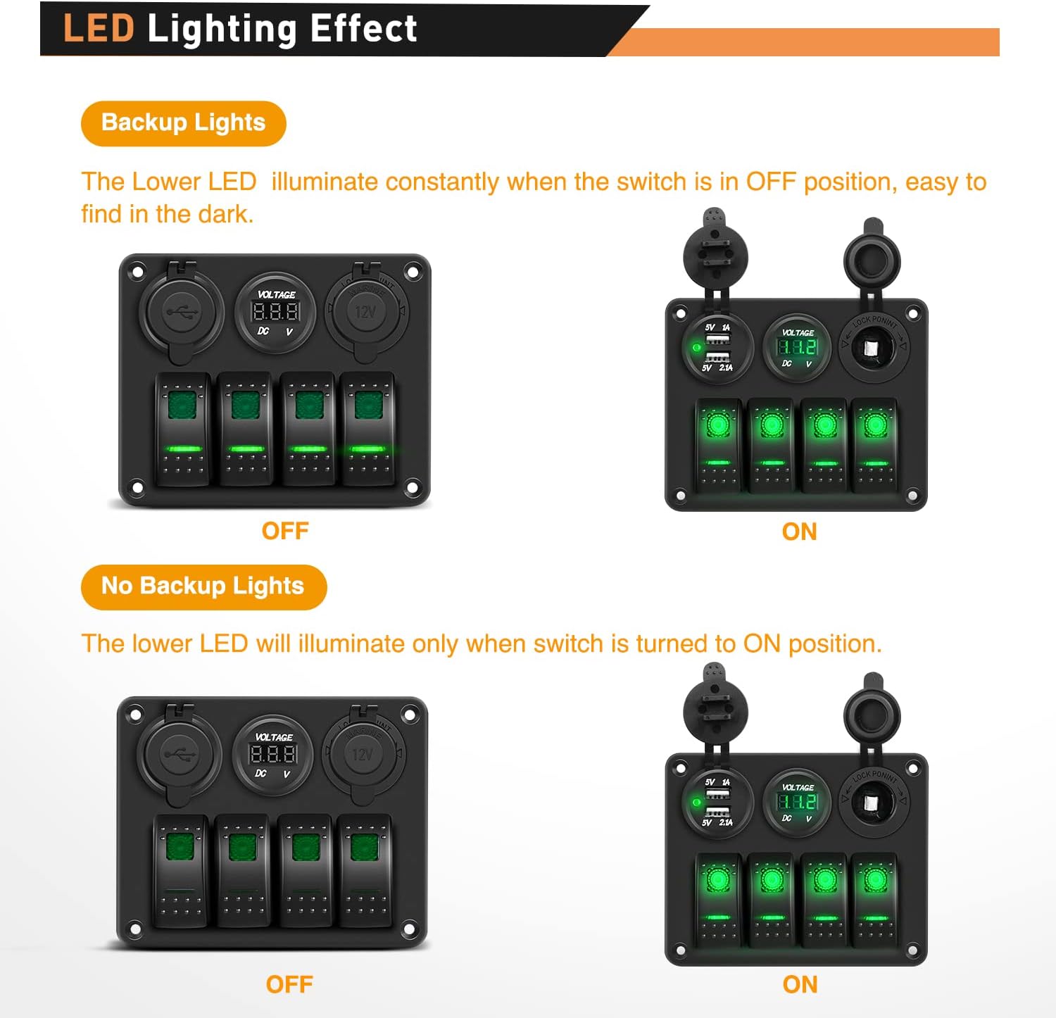 Waywe 4 Gang Rocker Switch Panel with USB Charger Voltmeter and Cigar Lighter 12V 24V Toggle Switch ON Off Rocker Switch Green for Cars Rvs Trucks