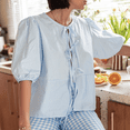 thumbnail image 3 of Okbabeha Women Summer Basic T-Shirt Casual Striped Print Tie Front Short Sleeve Tops for Streetwear Aesthetic Grunge Clothes, 3 of 6