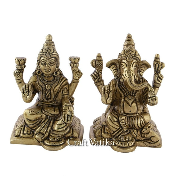 Lord Ganesha Lakshmi Idol, Pair Of Laxmi Ganesh Statue, Blessing God Goddess Figurine, Gold, Brass, Antique Style, Occasion, Home Décor, Handmade Statue, Laxmi Ganesh Set Religious Idols