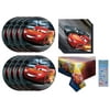 Disney Cars Birthday Party Supplies Bundle includes 16 Lunch Paper Plates, 16 Lunch Paper Napkins, 1 Plastic Table Cover, 1 Dinosaur Sticker Sheet