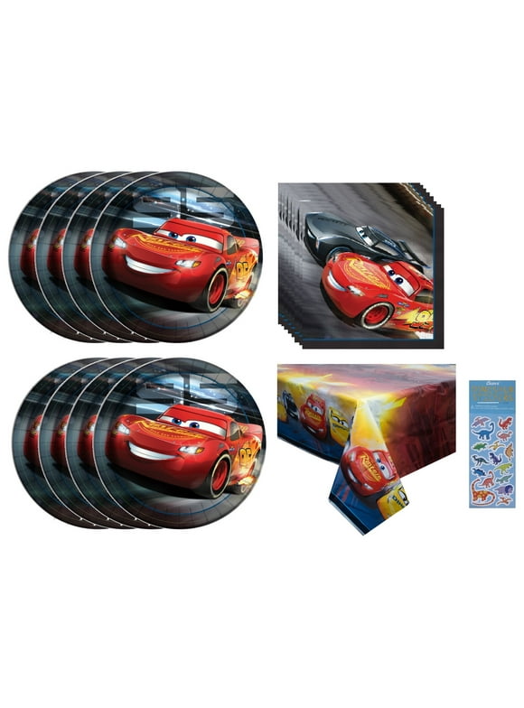 Disney Cars Birthday Party Supplies Bundle includes 16 Lunch Paper Plates, 16 Lunch Paper Napkins, 1 Plastic Table Cover, 1 Dinosaur Sticker Sheet