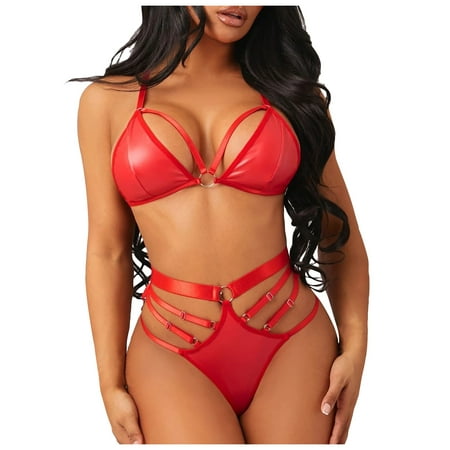 

EHTMSAK Lace Teddy Bra and Panty Sets for Women Sexy Babydoll Lingerie Set High Waisted Strappy Lingerie Red S