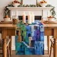 thumbnail image 2 of Table Runner - 60 Inch Long, Abstract Blue Kitchen Dining Table Runner Dresser Scarves, Painting Buildings Geometric Modern Art Farmhouse Decor for Coffee Tables Wedding Party Banquet, 2 of 8