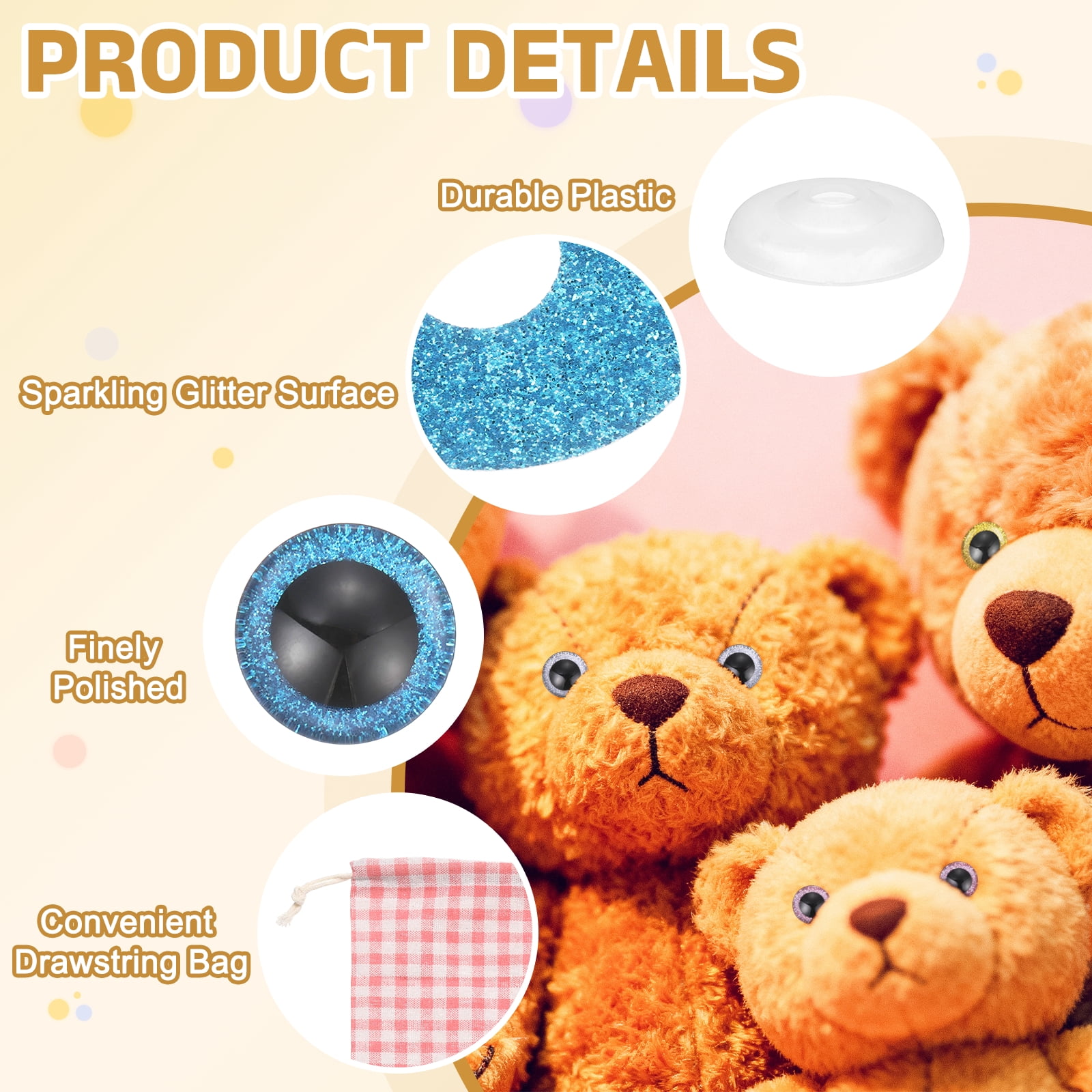 Uxcell12 Pcs Glitter Safety Eyes, 40mm Plastic 3D Crochet Doll Eyes with Washers and Drawstring Bag for Puppet Bear DIY Crafts Stuffed Animals Making Supplies, 6 Colors