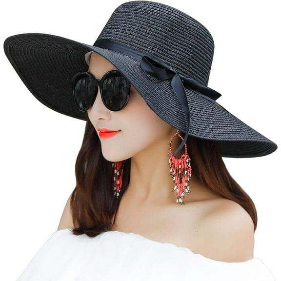 Womens Wide Brim Straw Sun Hat, Floppy Foldable Roll up Cap Summer Beach Hats