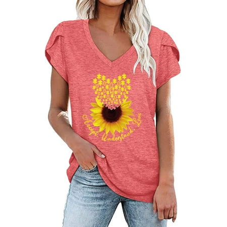 

Womens Blouses And Tops Dressy Women s Summer V-neck Sunflower Printed Tops T-Shirts Casual Petal Sleeve Blouse Short Sleeve Summer Tops Pink XXL