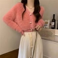 thumbnail image 2 of Suéter de terciopelo de visón glutinoso suave, abrigo de mujer, otoño e invierno, cárdigan de punto con cuello en V, prenda exterior corta, top suave de estilo occidental, 2 of 6