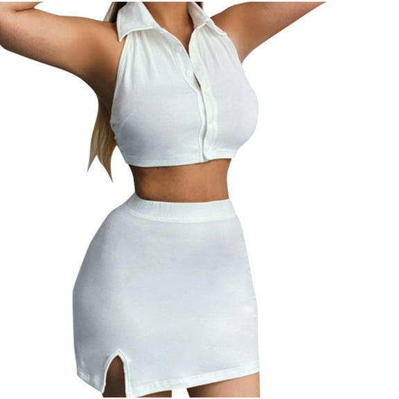 Womens Lapel Sleeveless Top And Pack Skirt Set Solid Color Set Two Piece Set