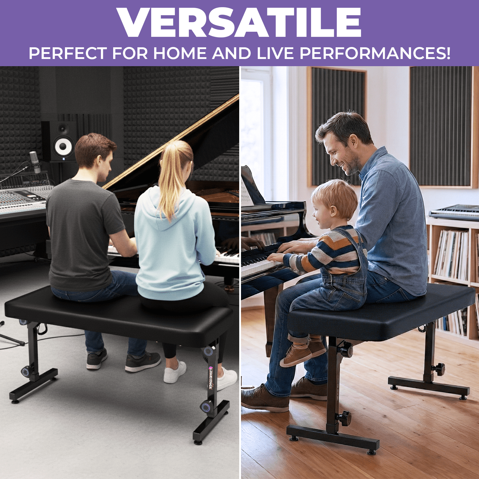 Liquid Stands Foldable Duet Piano Bench Adjustable Height Music Stool - Portable Hydraulic Piano Bench Dual Seat for Keyboard Stand with Black Leather Padded Cushion for Musicians Stool Chair