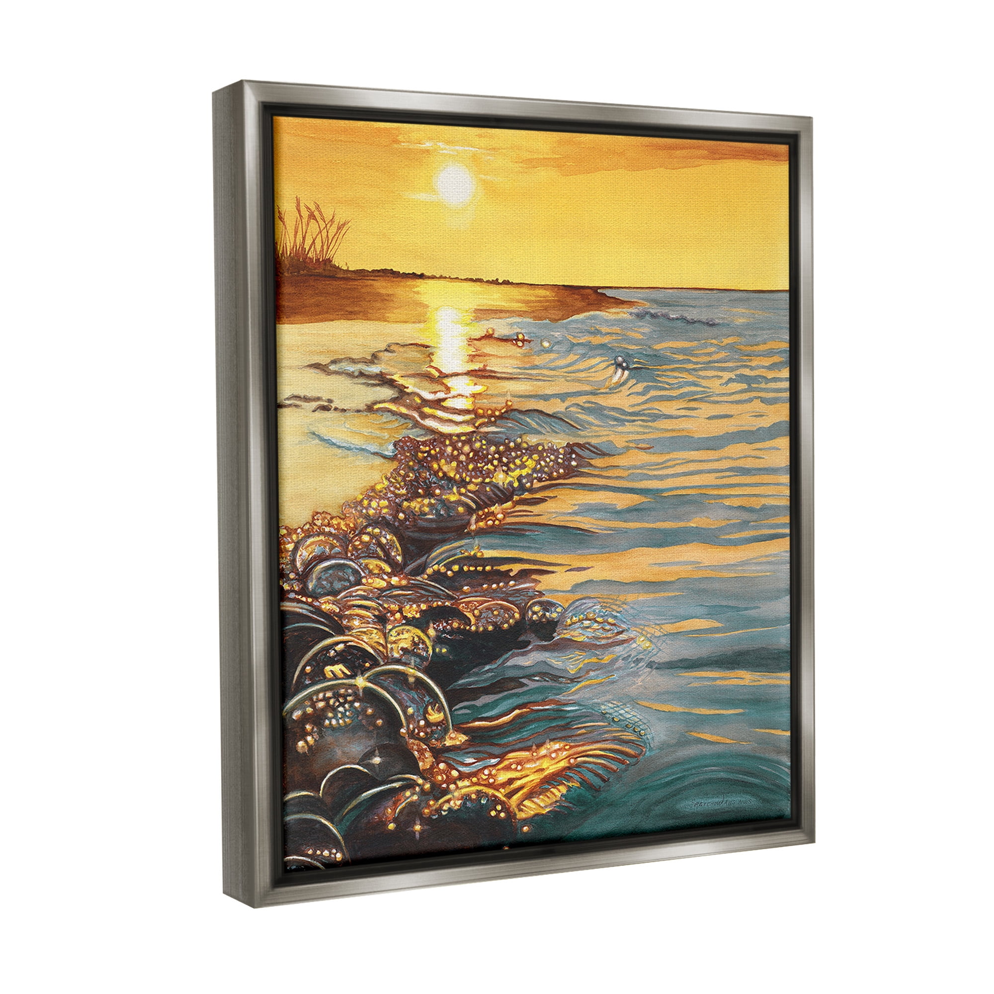 Stupell Industries Sunset over Beach Ripples Landscape Painting Gray Floater Framed Canvas Art Print Wall Art, 25 x 31