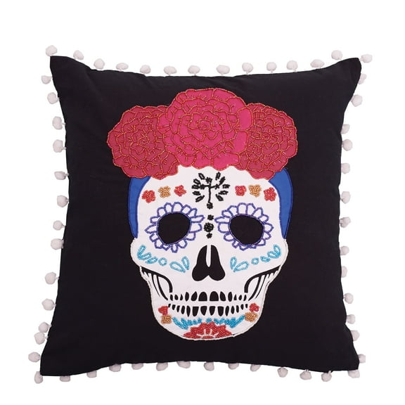 Sugar Skull Beaded Throw Pillow, 16" x 16"