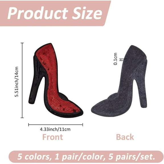 5 Pairs High Heel Embroidery Patch Iron On Sew On Patches Handmade Polyester Cloth Applique Embroidered Lady’s Shoes Glitter Patches for Bag Dress Jackets Cloth Backpack