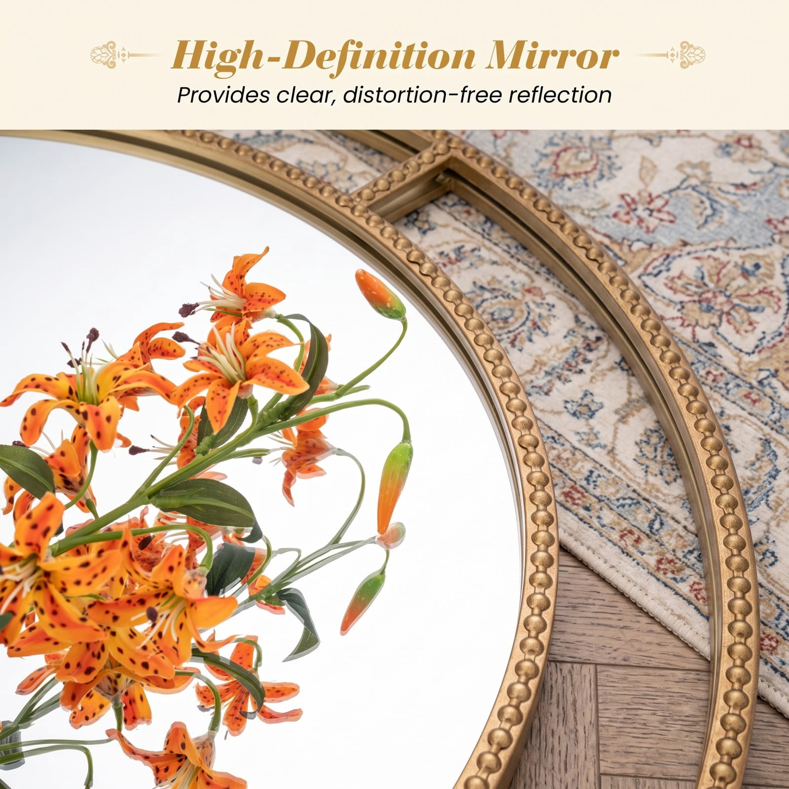 ALPULON 28 Inch Round Wall Mirror with Gold Beaded Metal Frame, HD Distortion-Free Decorative Hanging Mirror for Living Room Bedroom Entryway Bathroom, Gold