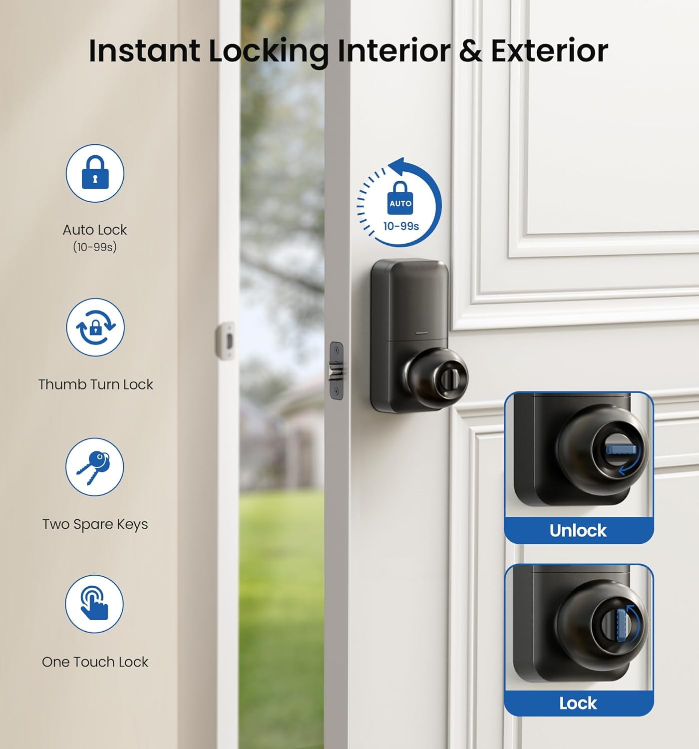 Veise Keypad Door Knob Lock, Keyless Entry Digital Lock for Front Door & Bedroom, Easy Installation, Auto-Locking, Matte Black