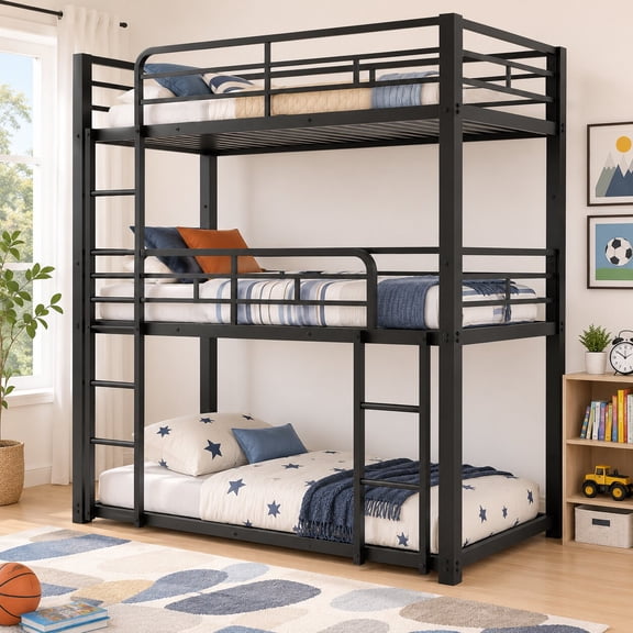 Morufur Twin over Twin over Twin Metal Triple Bunk Bed, Bed Frame with Dual Ladders & Full Guardrails for Bedroom Apartment, Black