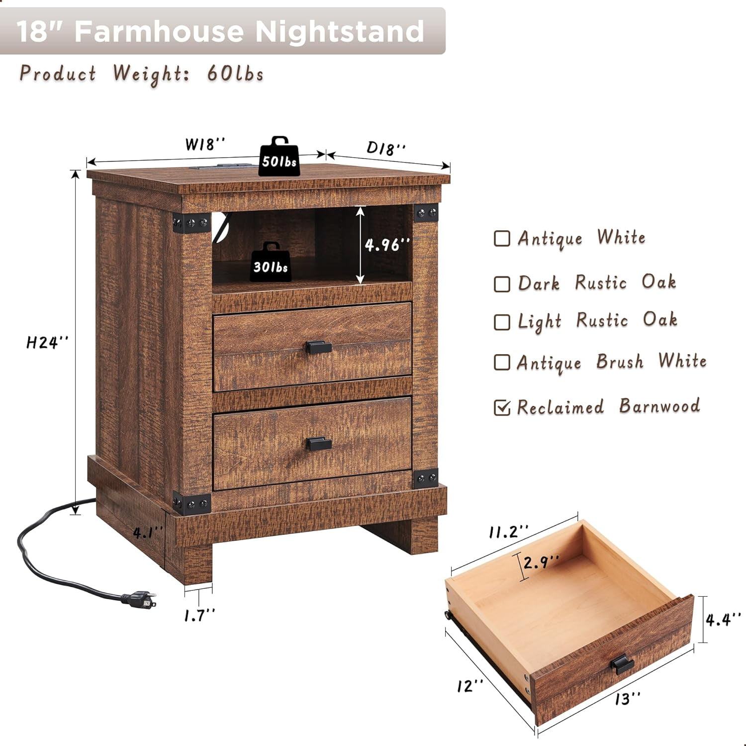 OKD Farmhouse 18" Nightstand with Charging Station, Rustic Metal Wood End Tables with Adjustable Shelves, Side Tables，Reclaimed Barnwood