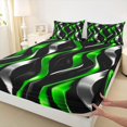 thumbnail image 5 of Manfei Gradient Stripes Queen Sheets, Shiny Abstract Lines Queen Sheet Sets, Green, Black and Silver, Black Reversible 4pcs1 Flat Sheet + 1 Fitted Sheet + 2 Pillowcases, 5 of 6