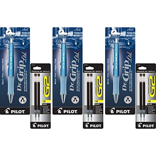 Pilot Dr. Grip Limited Retractable Rolling Ball Gel Pen, Fine Point, Ice Blue Metallic Barrel, Black Ink 3 Pen (36271) with 6 Black Ink Refill