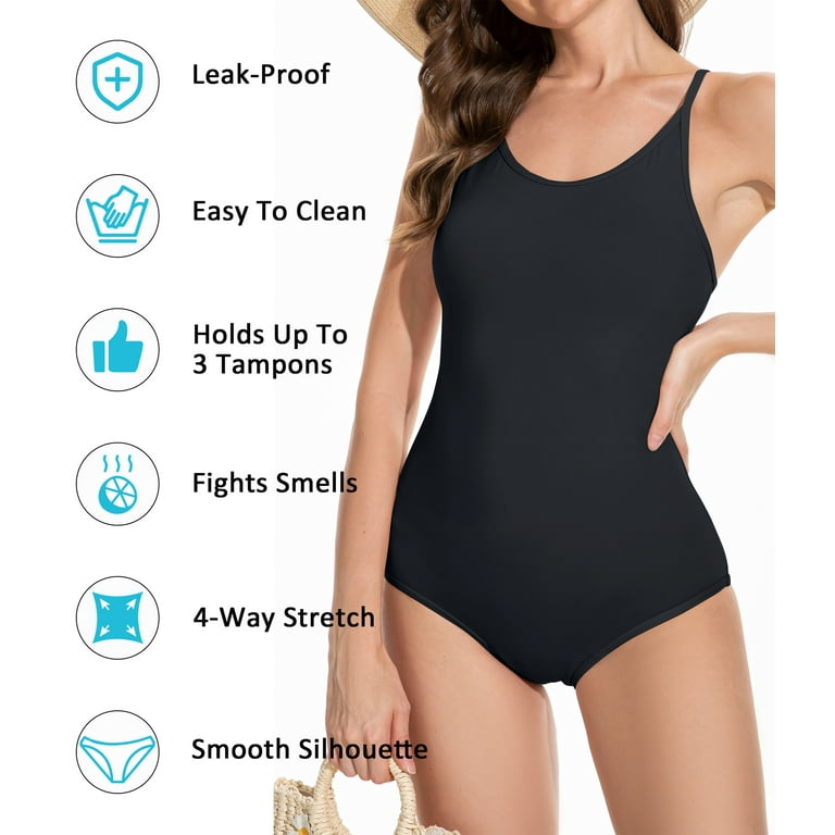 Beautikini Period Swimwear，One Piece Leakproof Menstrual Swimsuit Tummy  Control Period Bathing Suit for Teens Girls Women
