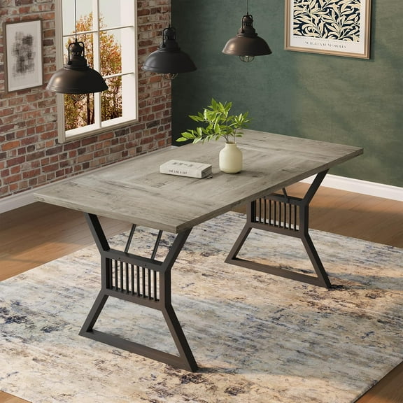 Industrial Farmhouse Dining Table for 6-8, 70.8" Large Rectangular Wooden Kitchen Table, Waterproof Easy, Clean Top, Sturdy Metal Legs for Dining Room, Living Room, Home Office