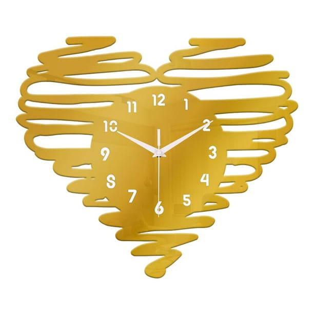 Reloj de pared con forma de corazón de acrílico, moderno, silencioso, analógico, con gran pantalla de fácil lectura. Oro
