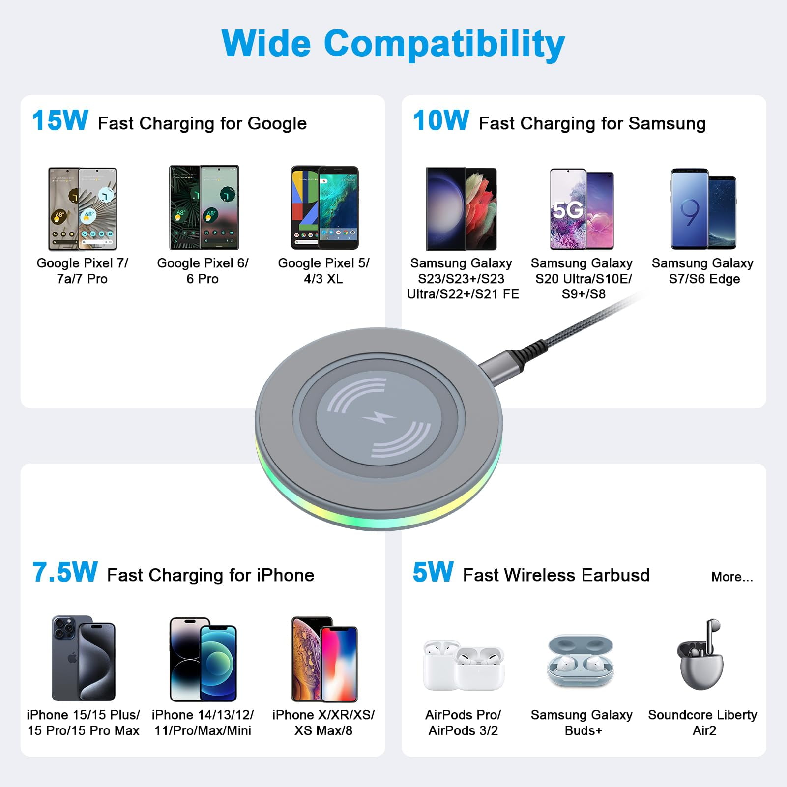 ABCPOW 2PACK 15W Fast Wireless Charger Samsung Android Fast Charging Pad Wireless Charger Mat Wireless Charger Station Compatible for iPhone 17 16 15 14 Samsung Galaxy S24 S23 S22 S21
