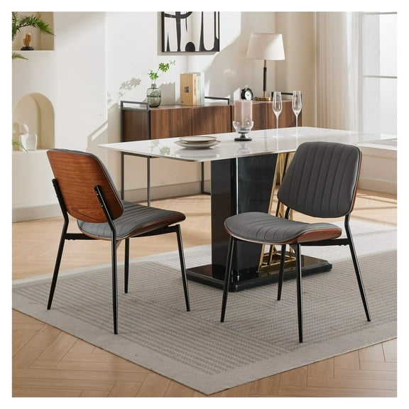 A&A Furniture, Dining Chairs Set of 2 Mid Century Modern Retro Faux Leather Chair with Walnut Bentwood Back Upholstered Seat Metal Legs Adjustable Foot for Kitchen Dining Room Chairs(Gray PU)