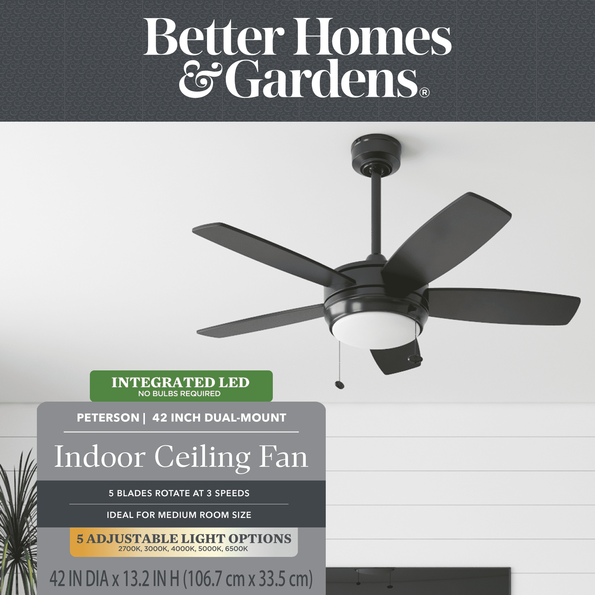 Better Homes & Gardens 42 in Matte Black Modern LED Dual Mount Indoor Ceiling Fan