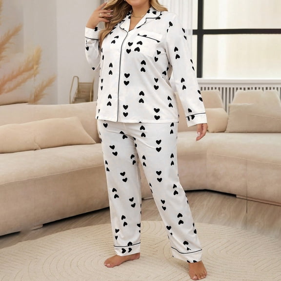 LIZUOJUN Plus Size Pajamas for Women Set Long Sleeve Pants Sleepwear 2 Piece Lounge Set Soft Comfortable Breathable Pjs Loungewear Notch Collar Heart Print Pajama Casual Sleepwear - 2XL