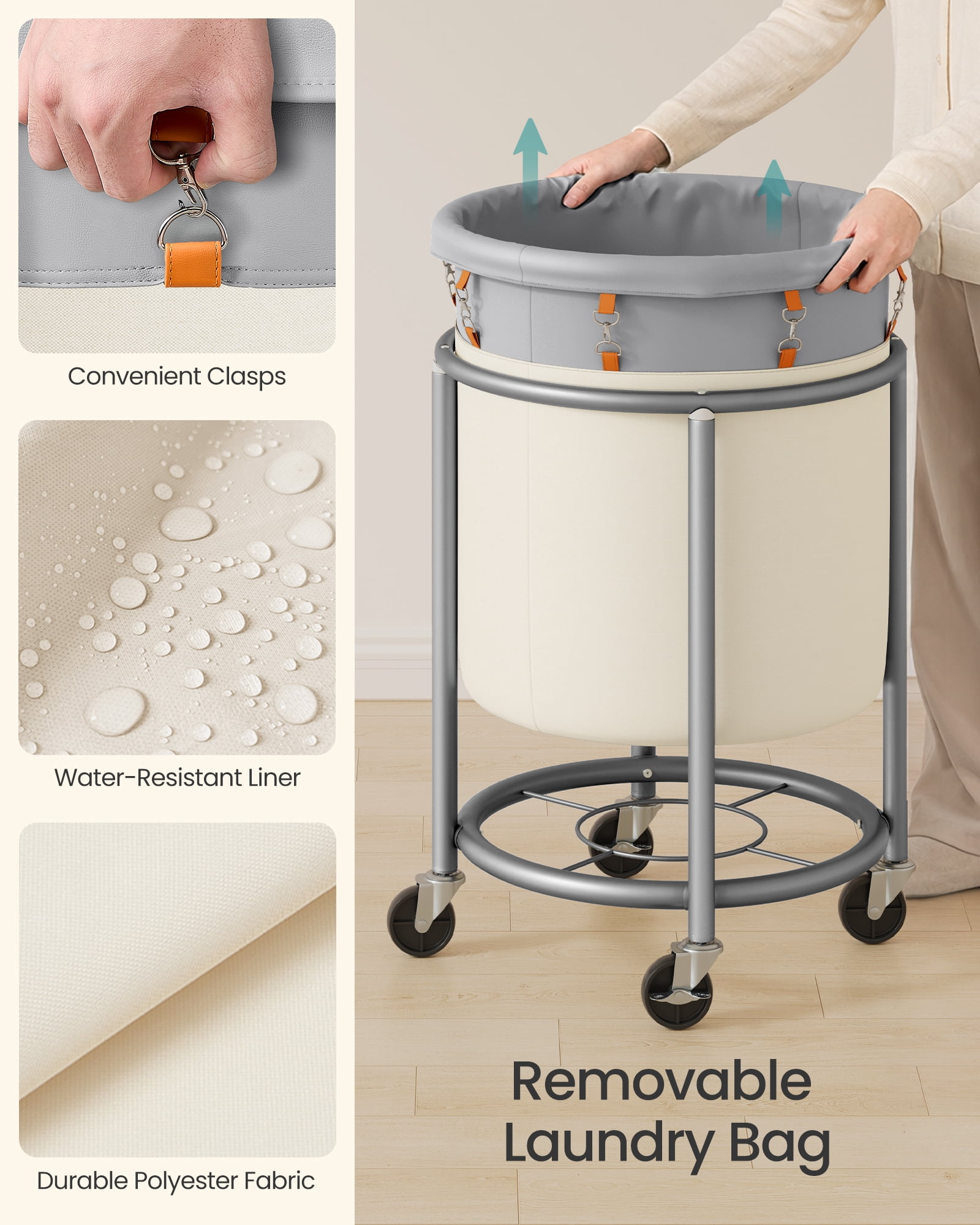 SONGMICS 29-Gallon (110 L) Laundry Basket with Wheels, Rolling,with Steel Frame and Removable Bag, 2 Locking Wheels, Dove Gray and Cream White