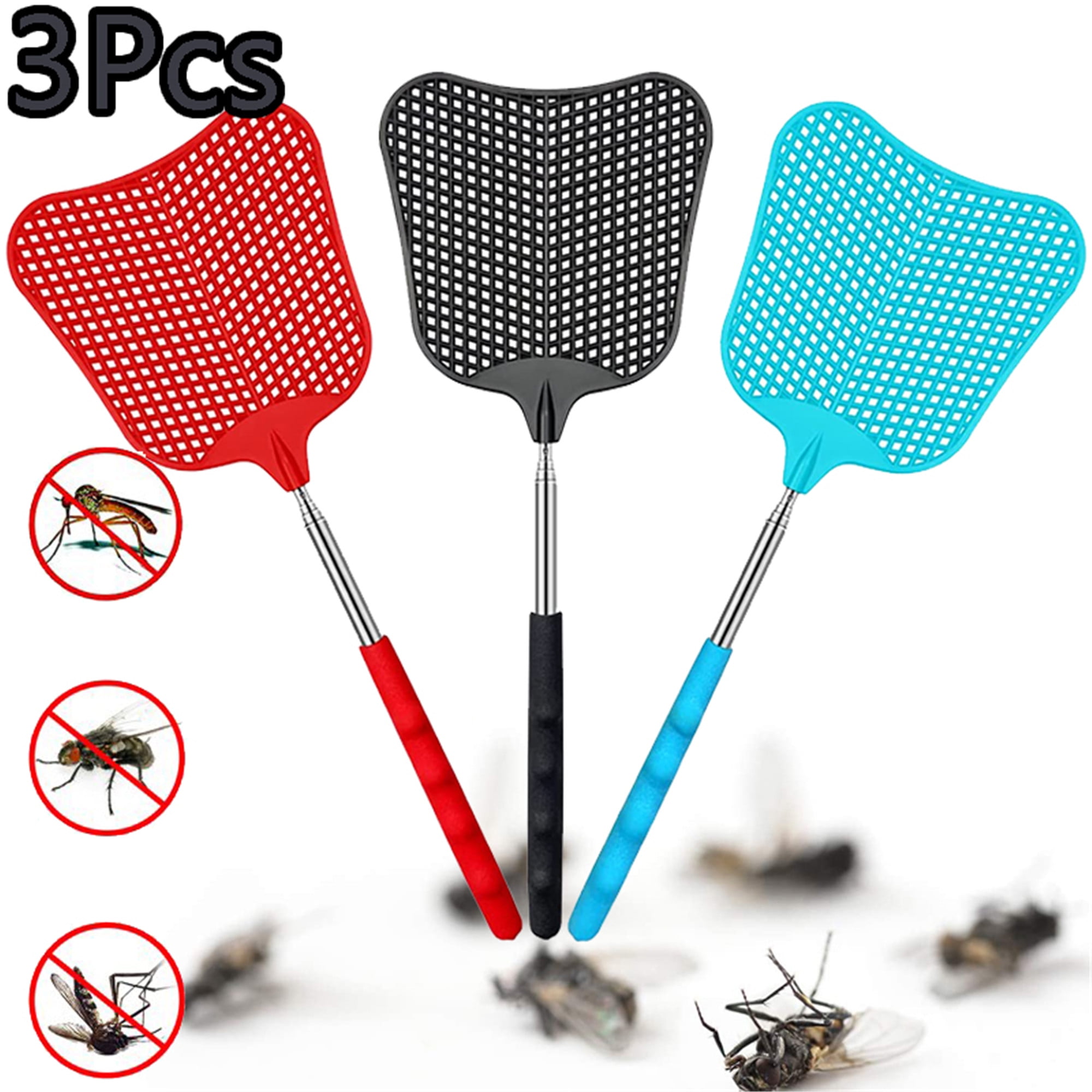 Elbourn 3Pack Plastic Fly Swatters Heavy Duty, Long Handle Fly Swat