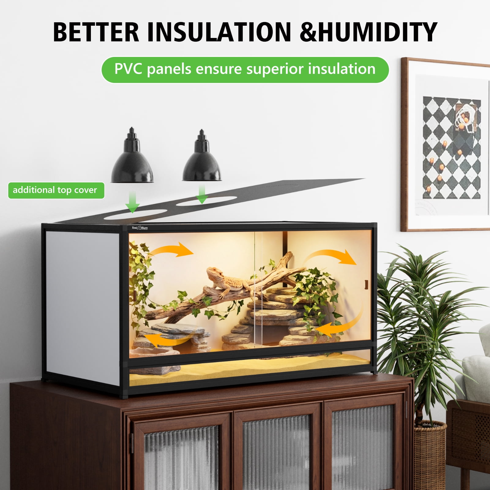 Toxirium 48x24x24 inch PVC Reptile Enclosure, 120 Gallon Habitat with Sliding Glass Doors for Bearded Dragons, Lizards and Snakes