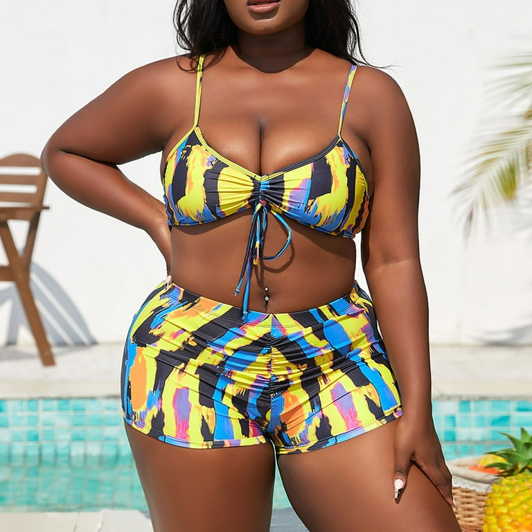 Honeeladyy Womens Plus Size 3 Piece Printed Drawstring Ruched Shorts Bikini Swimsuit with Cover Up Kimono Yellow XXXXL Walmart
