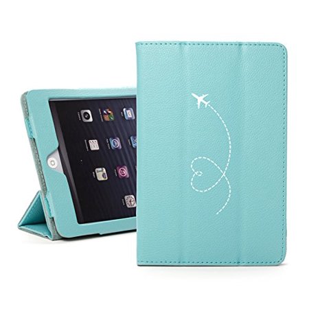 For Apple iPad Mini 4 Light Blue Leather Magnetic Smart Case Cover Stand Heart Love Travel (Best Airplane Games For Ipad)